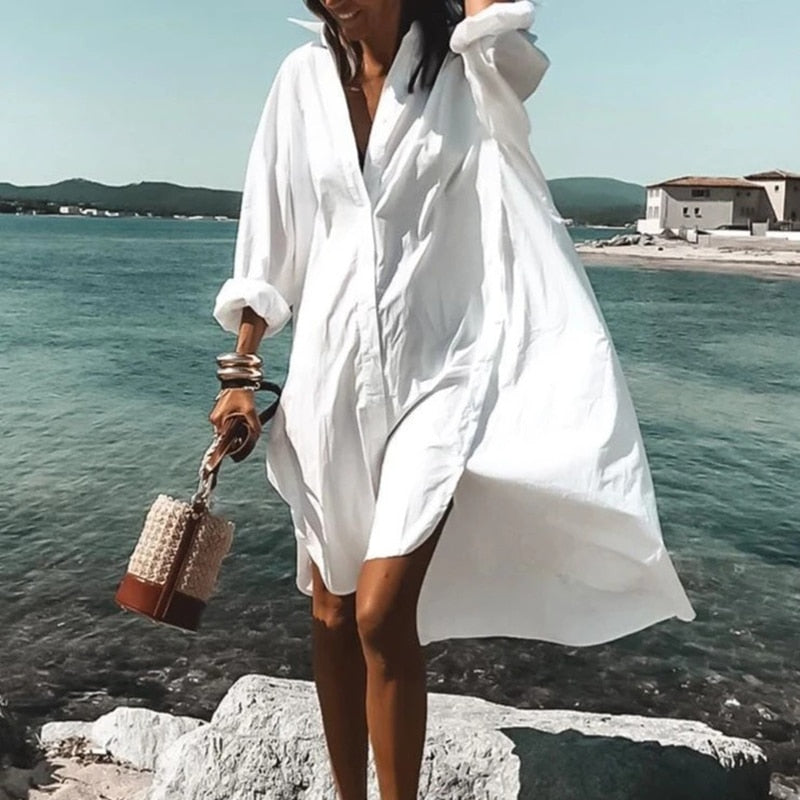 Turn-down Collar Long Sleeve Shirt Dress