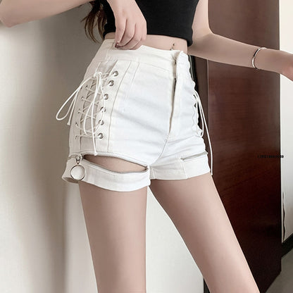 Lace-up Zip Up Side Slit Denim Club Short