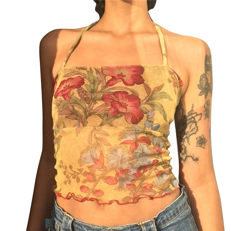 Mesh Sheer Floral Vintage Halter Top