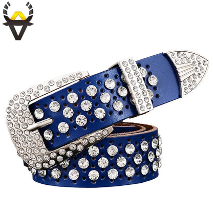 Fashion rhinestone genuine leather belts for women Luxury Pin buckle belt woman Quality second layer cow skin strap width 3.3 cm