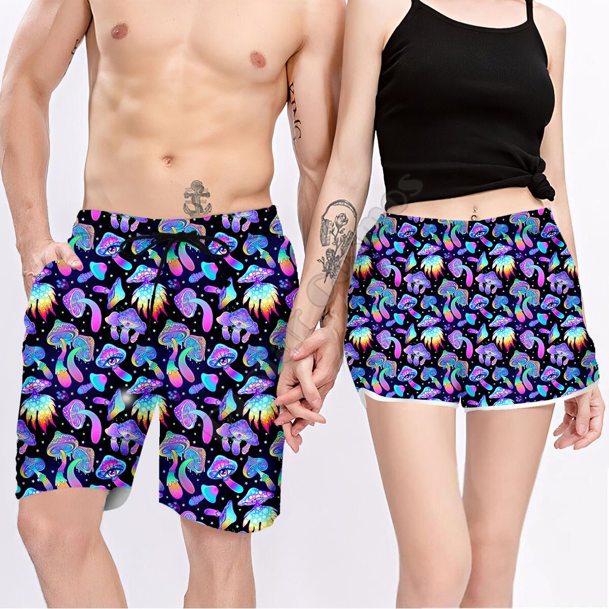 Couple Matching Psychedelic Mushroom Shorts 3d Shorts women for men Elastic Waist Shorts Summer Couple Beach Shorts NSDK03