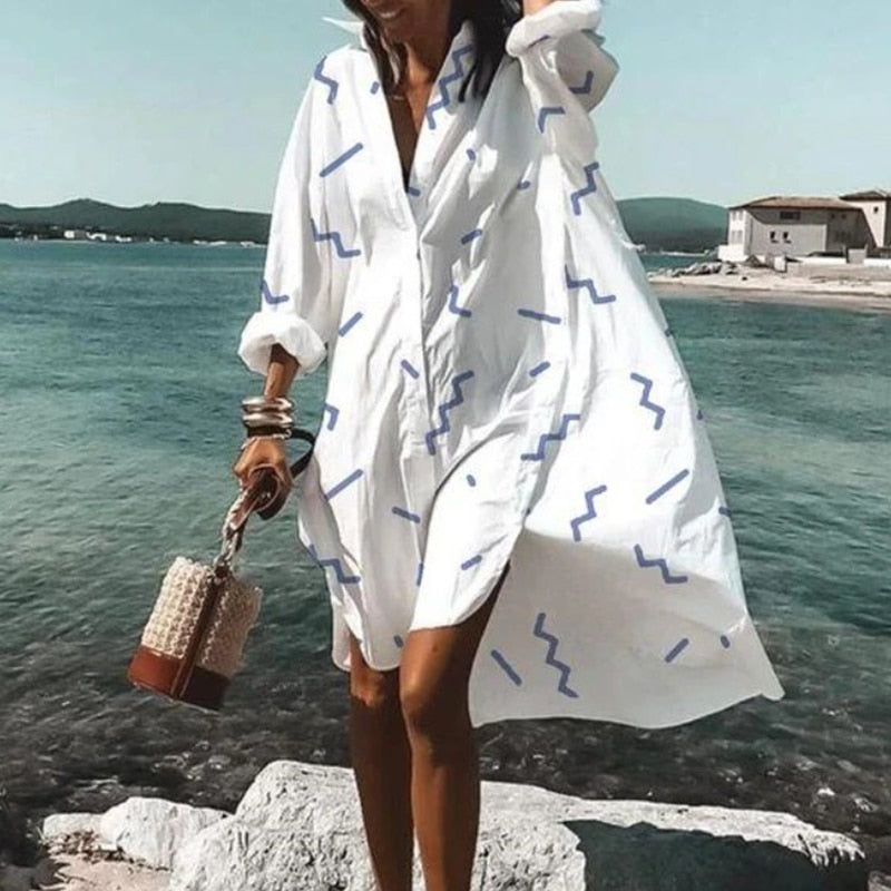 Turn-down Collar Long Sleeve Shirt Dress