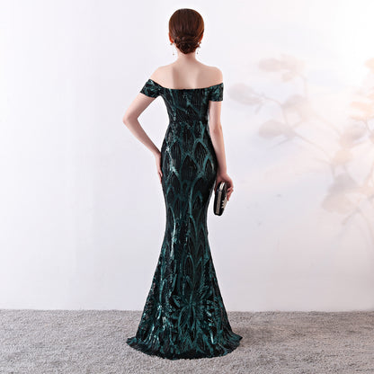 Off-Shoulder Long Fish Tail Sequined Slim-Fit Banquet Gown