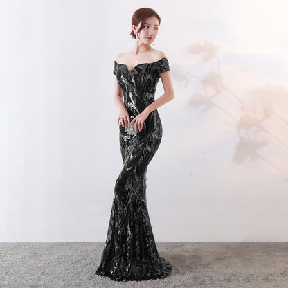 Off-Shoulder Long Fish Tail Sequined Slim-Fit Banquet Gown