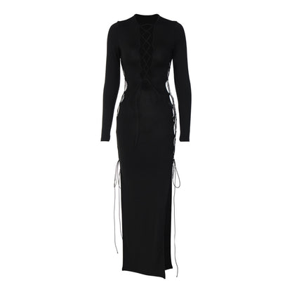 Autumn and Winter Ins Hot Girl Hollow Split Long Sleeve Dress