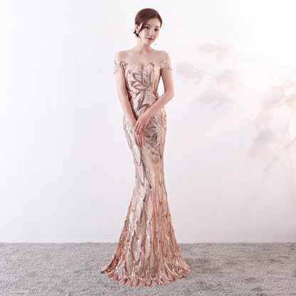 Off-Shoulder Long Fish Tail Sequined Slim-Fit Banquet Gown