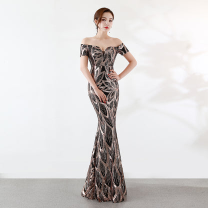 Off-Shoulder Long Fish Tail Sequined Slim-Fit Banquet Gown