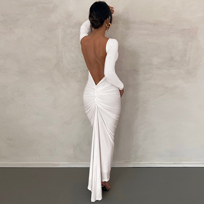 Zone Sexy White Long-Sleeve Pleated Dress