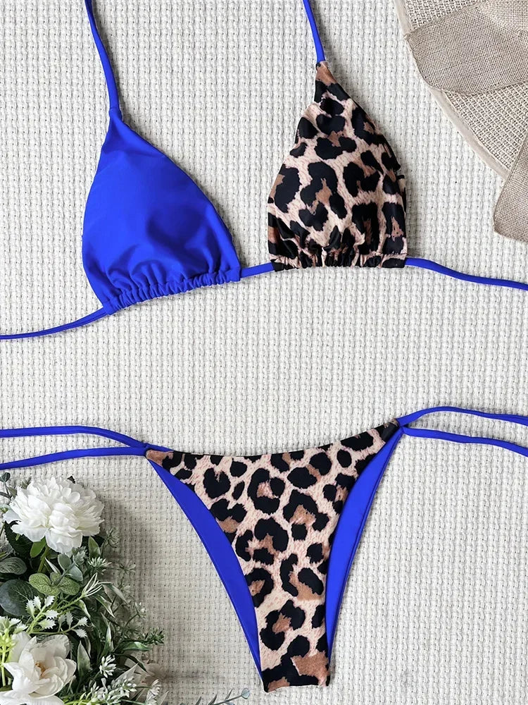 Halter Splicing Satin and Leopard Bikinis 2025