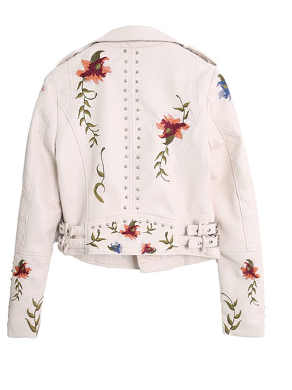 Floral Print Embroidery Faux Soft Leather Jacket