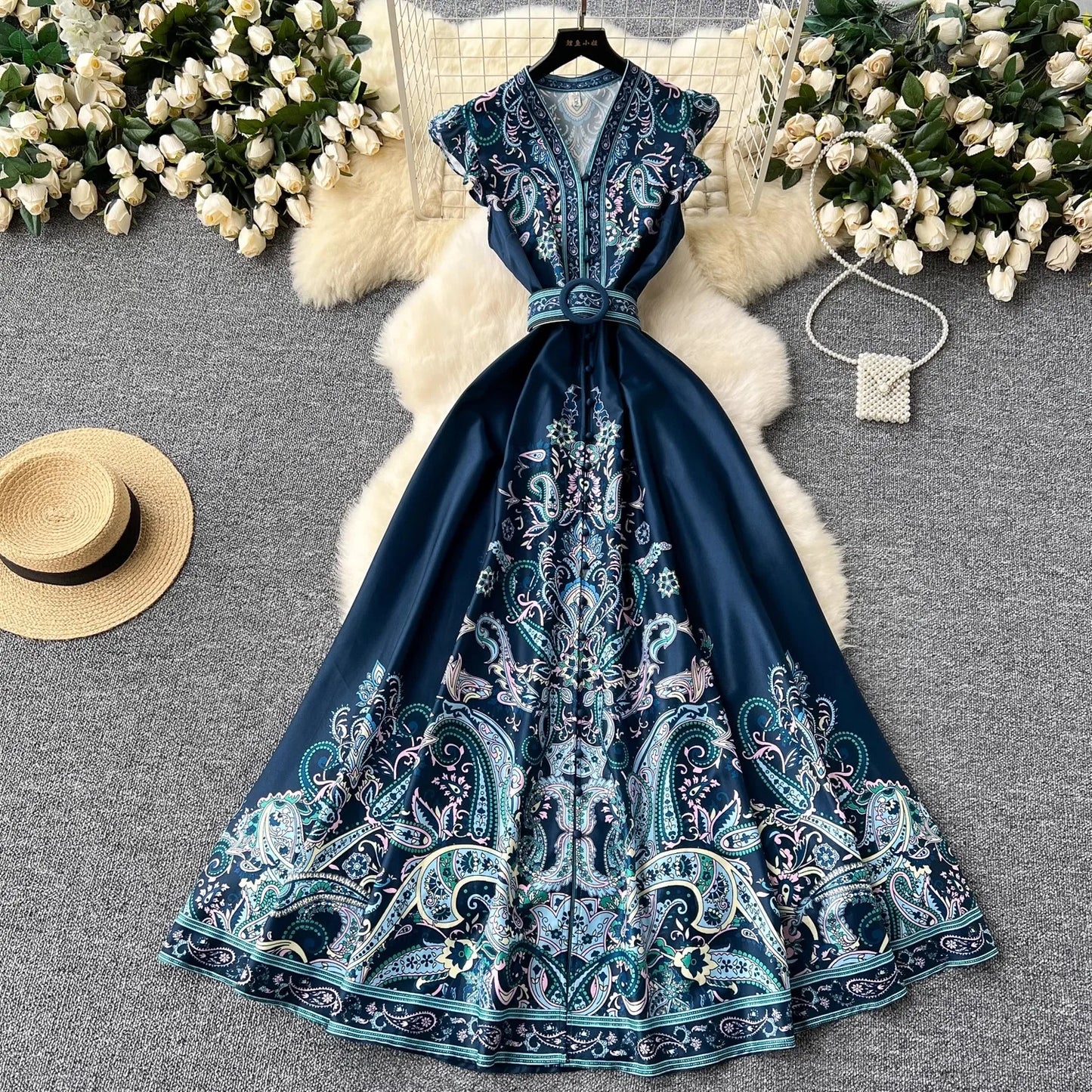 Paisley Print Belted Vintage Party Dress