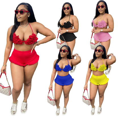 Two Piece Bikini Swimsuit Set Women Petal Splice Bra High Waist Shorts Bathing Suit Summer New Street Style Sexy Bikini Set 2022