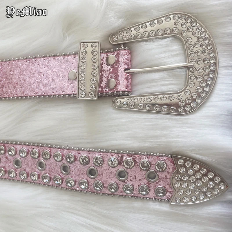 Punk Rock Pink Rhinestone Belts Luxury Strap Western Cowboy Diamonds Bling Belt Men Y2K Crystal Studded Cinto De Strass For Jean