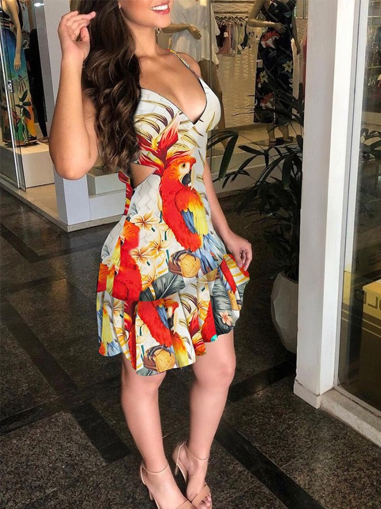 Crop Floral Print Ruffles Hem Dress Women Sexy Summer Dress