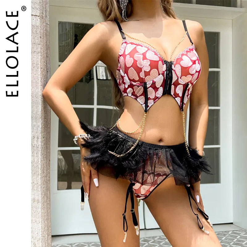 Ellolace Feather Ruffle Lingerie Heart-Shaped Bra With Chain Luxury Garter Belt