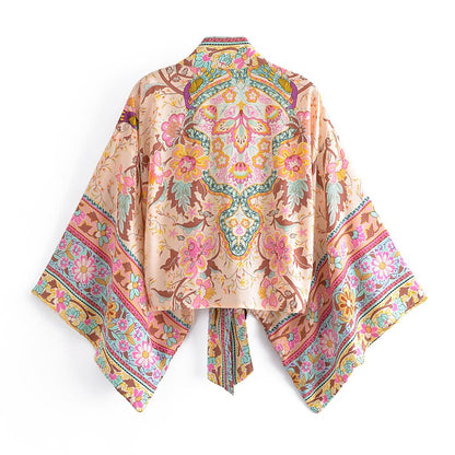 Boho Vintage Floral Print Short Kimono