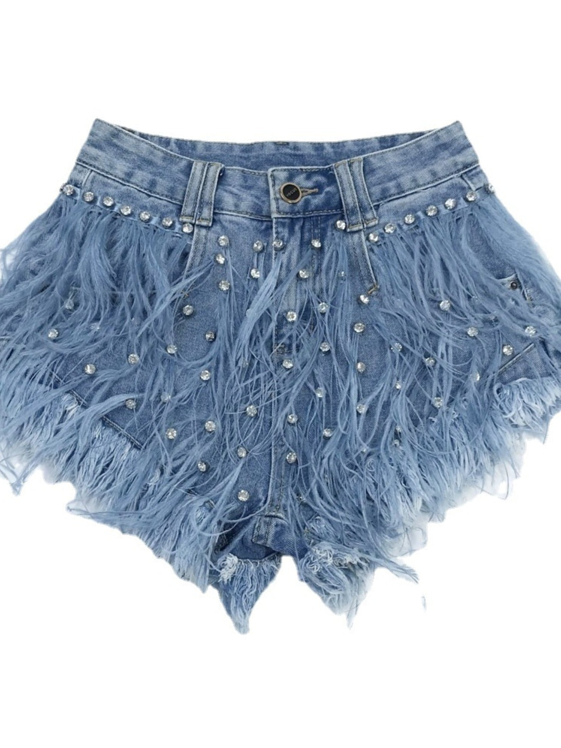 Rhinestone Beaded Exquisite Feather High Waist Denim Shorts