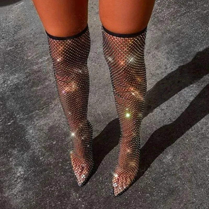 Over Knee Mesh Sock Pointed Toe Boots