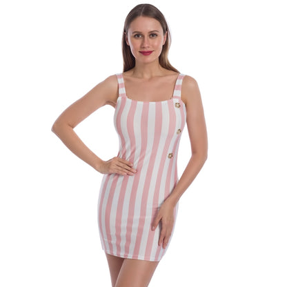 Retro Dress Summer Vertical Striped Button Suspenders Sexy Elegant Sleeveless Mini women&#39;s Dress