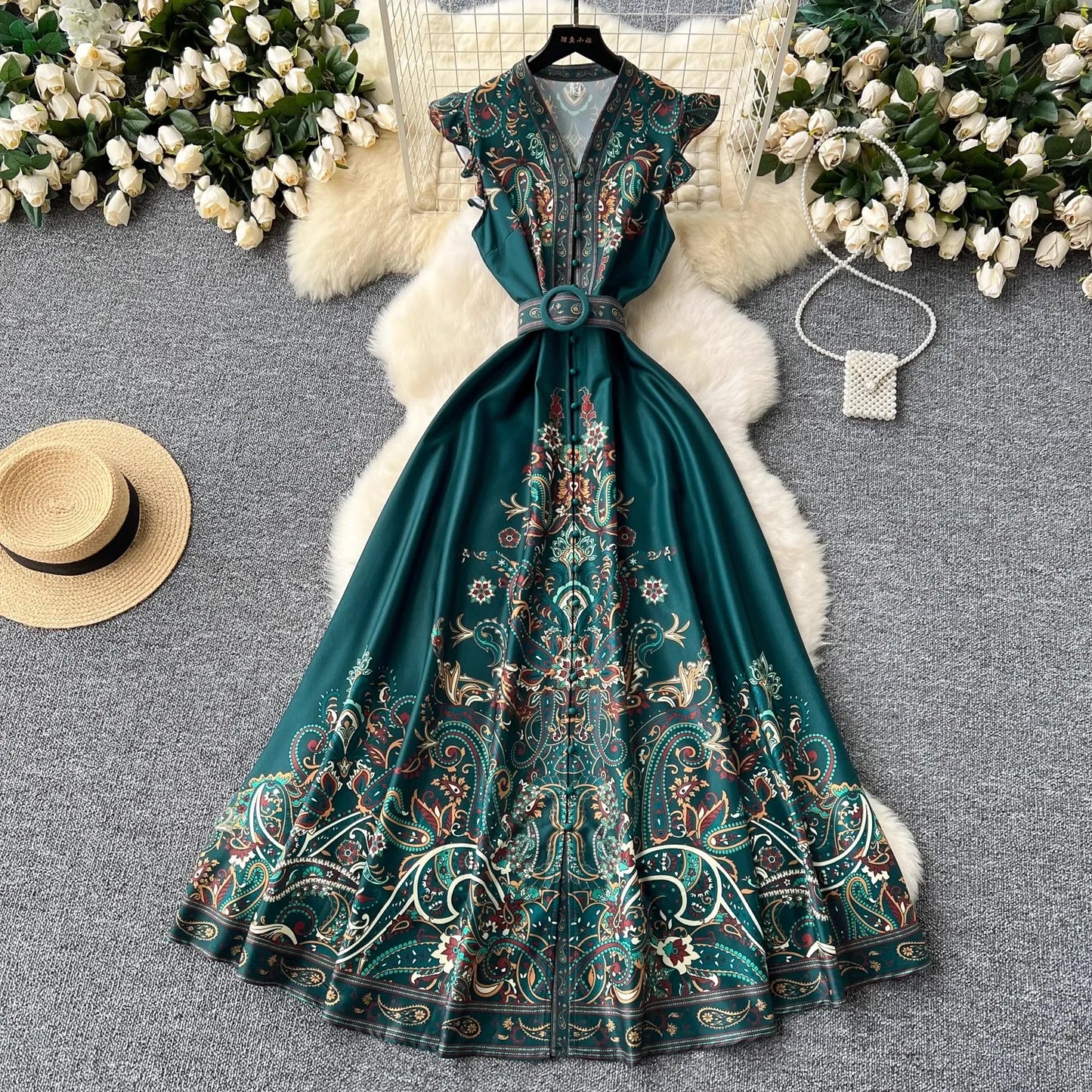 Paisley Print Belted Vintage Party Dress