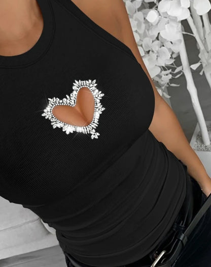 Hollow Heart Rhinestone Tank Top