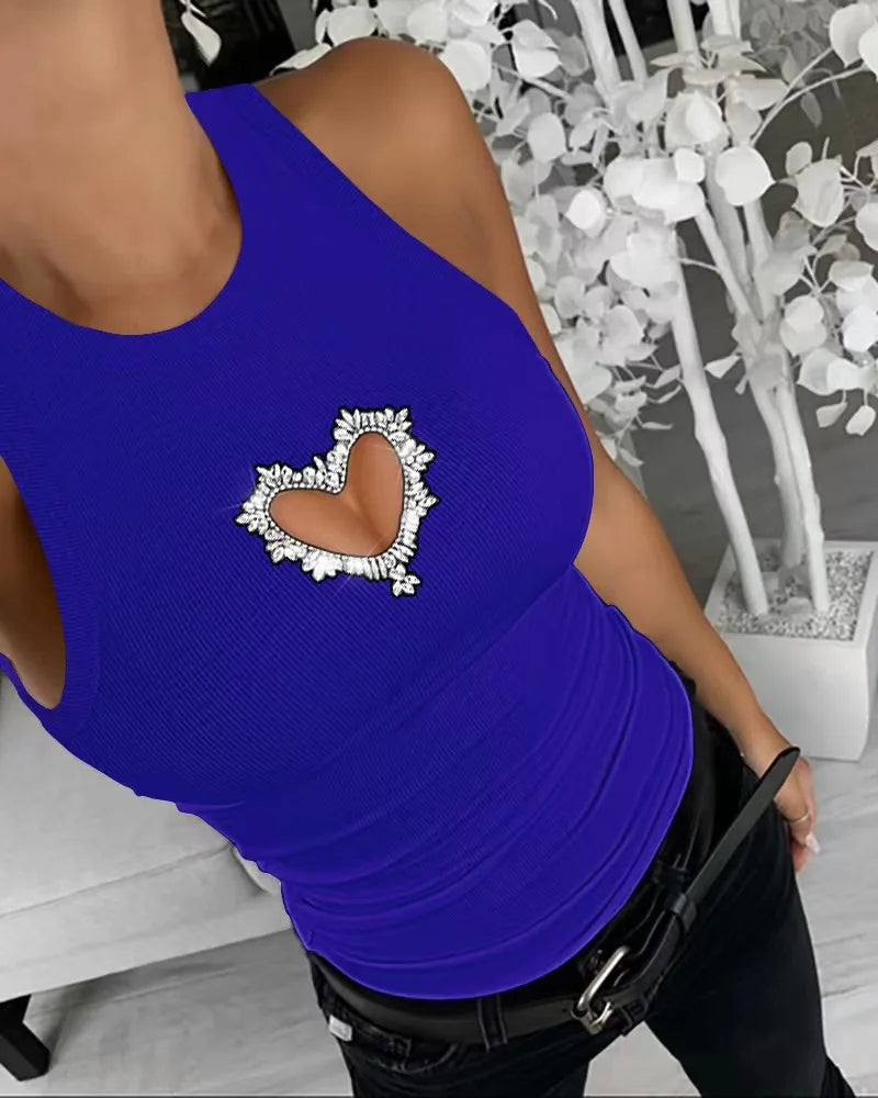 Hollow Heart Rhinestone Tank Top