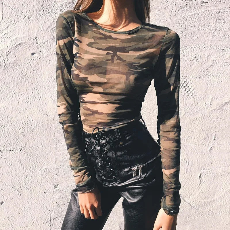 Transparent Mesh Long Sleeve O-neck Blouse Camouflage