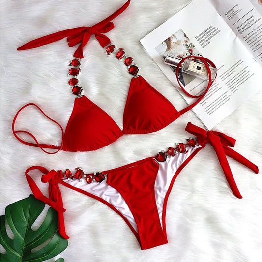 Red Rhinestones Sexy Bikinis 2025