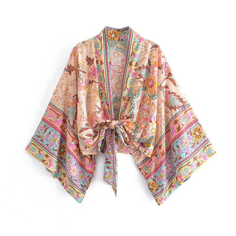 Boho Vintage Floral Print Short Kimono