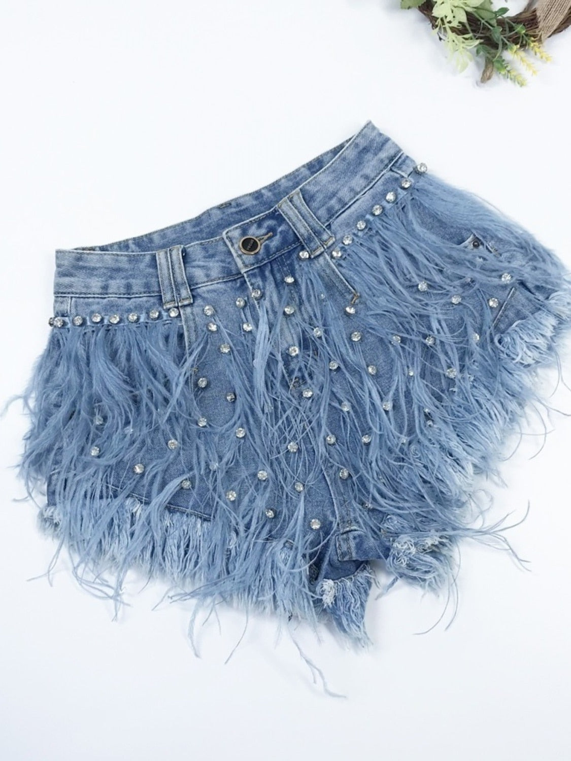 Rhinestone Beaded Exquisite Feather High Waist Denim Shorts