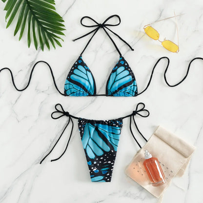 Sexy women butterfly print halter string micro bikini