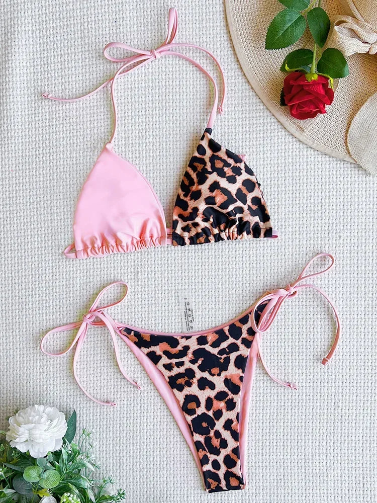 Halter Splicing Satin and Leopard Bikinis 2025