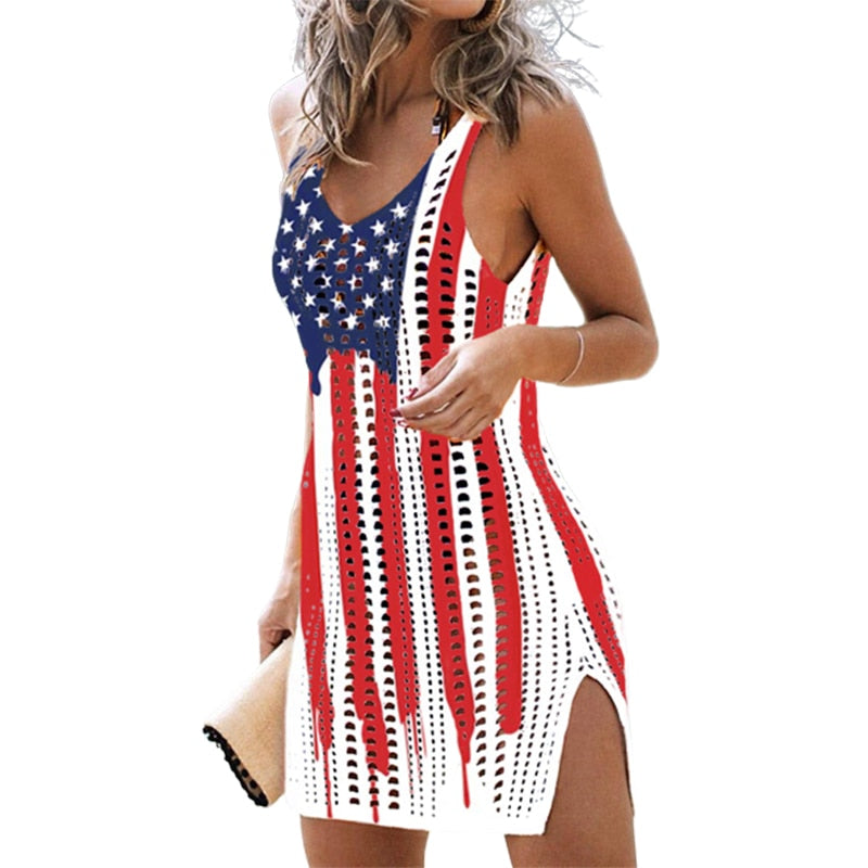 American Flag Hollow Out Slit Crochet Cover Up Women Summer Beach Sleeveless Tank Dress 4th of July Beach Swimwear Dresses 2023