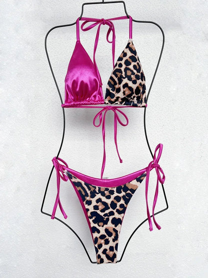 Halter Splicing Satin and Leopard Bikinis 2025