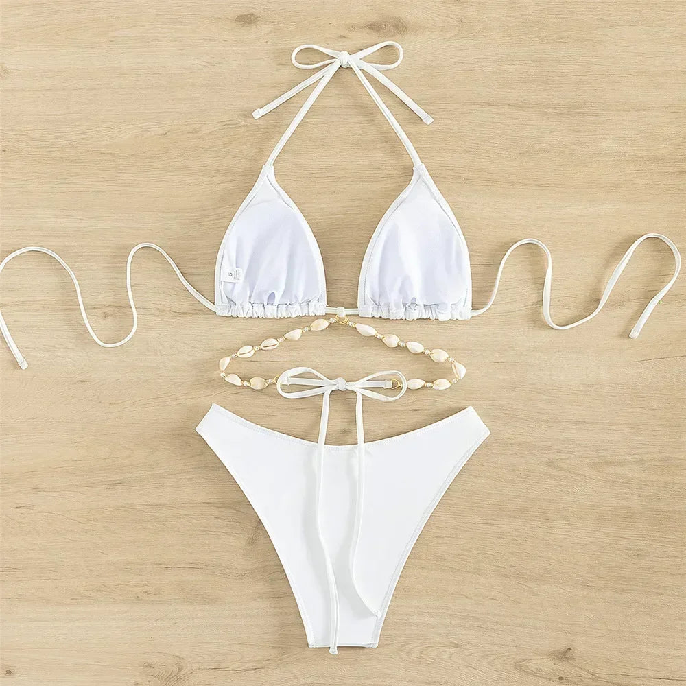 Sexy White Shell String Halter Triangle Bikini