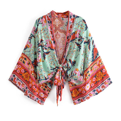 Boho Vintage Floral Print Short Kimono