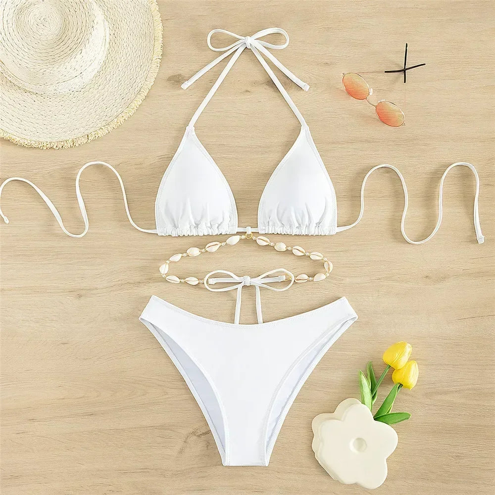 Sexy White Shell String Halter Triangle Bikini