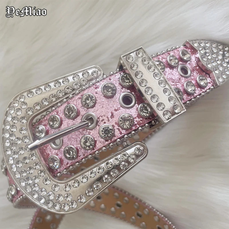 Punk Rock Pink Rhinestone Belts Luxury Strap Western Cowboy Diamonds Bling Belt Men Y2K Crystal Studded Cinto De Strass For Jean