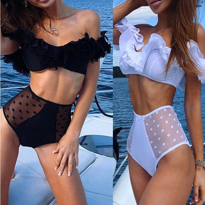 Plaid Mesh Bikini High Waist Swimsuit