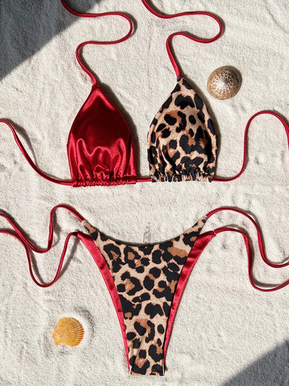 Halter Splicing Satin and Leopard Bikinis 2025