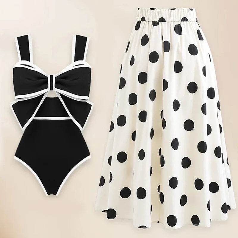 Bow Tie one-piece swimsuit with skirt