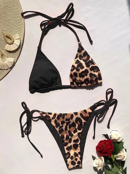 Halter Splicing Satin and Leopard Bikinis 2025