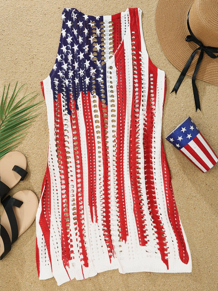 American Flag Hollow Out Slit Crochet Cover Up Women Summer Beach Sleeveless Tank Dress 4th of July Beach Swimwear Dresses 2023