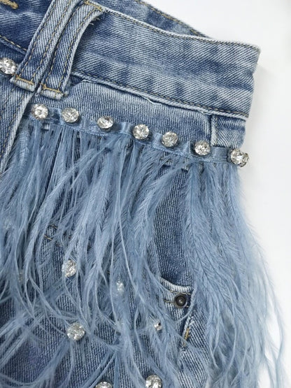 Rhinestone Beaded Exquisite Feather High Waist Denim Shorts