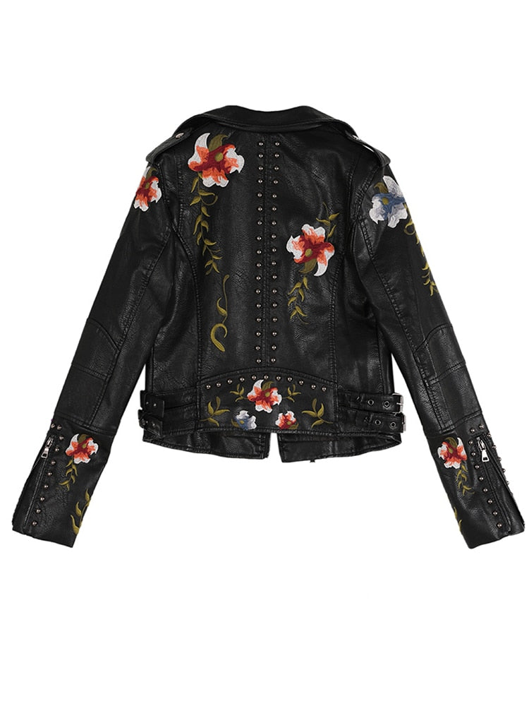 Floral Print Embroidery Faux Soft Leather Jacket