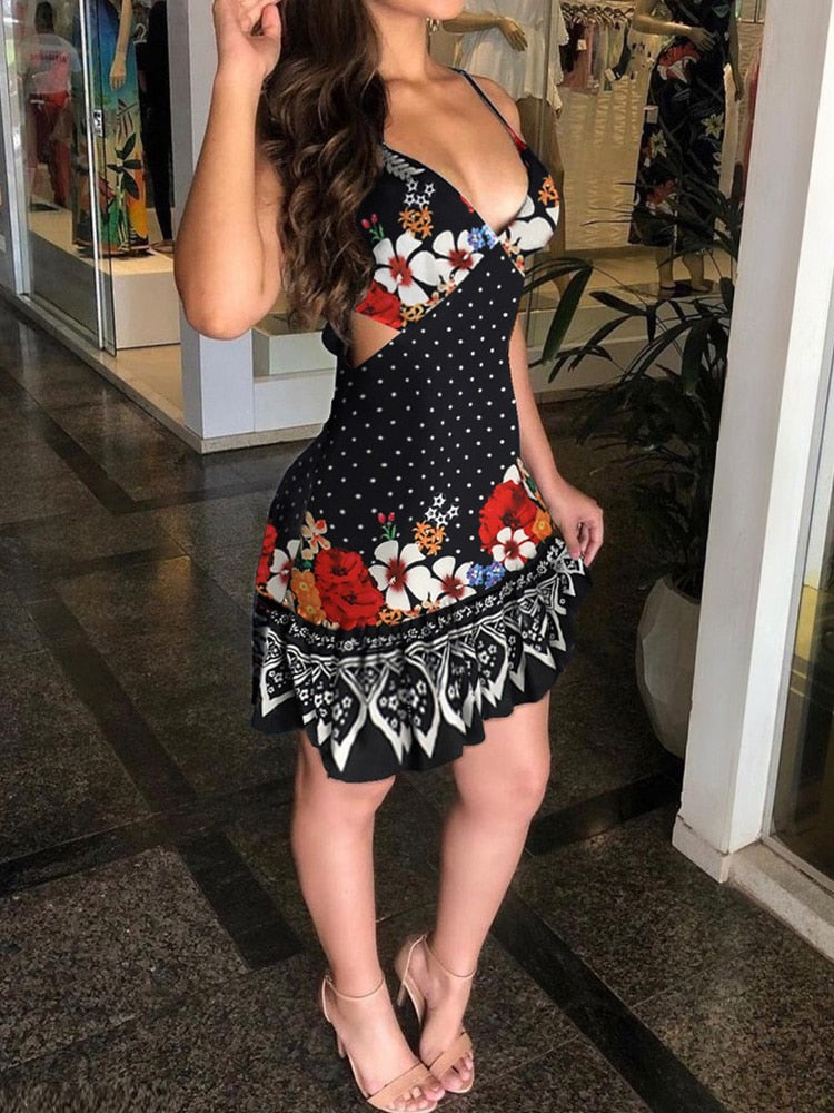 Crop Floral Print Ruffles Hem Dress Women Sexy Summer Dress