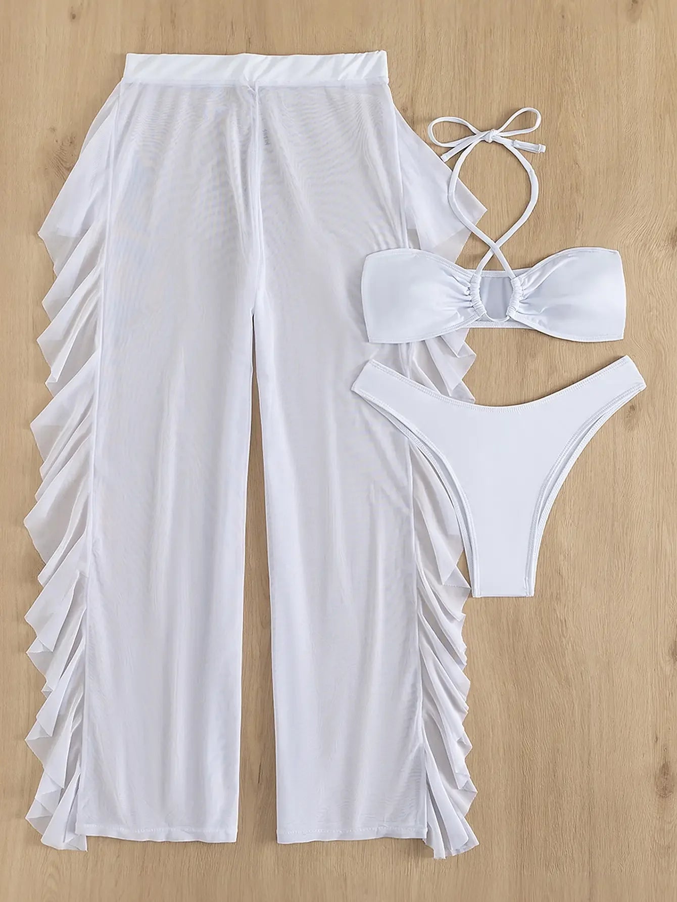 White Criss Cross Halter Bikini Set With Ruffle Pants