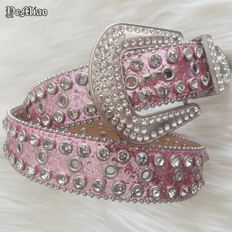 Punk Rock Pink Rhinestone Belts Luxury Strap Western Cowboy Diamonds Bling Belt Men Y2K Crystal Studded Cinto De Strass For Jean