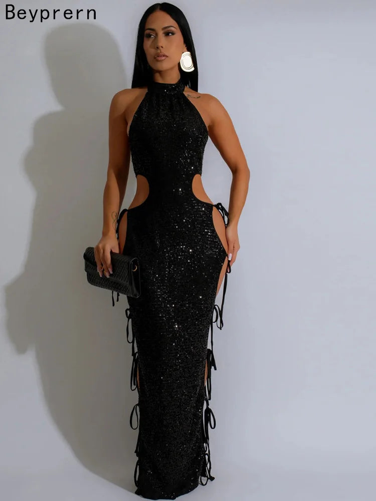 Glitter Halter Neck Hollow Out Lace-Up Sequins Long Dress