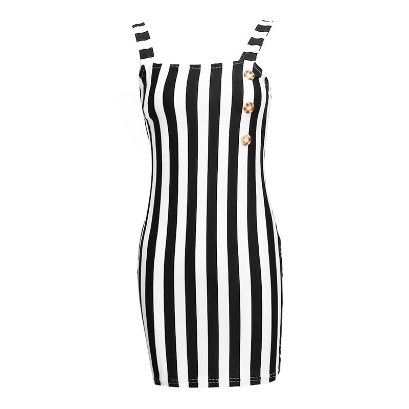 Retro Dress Summer Vertical Striped Button Suspenders Sexy Elegant Sleeveless Mini women&#39;s Dress